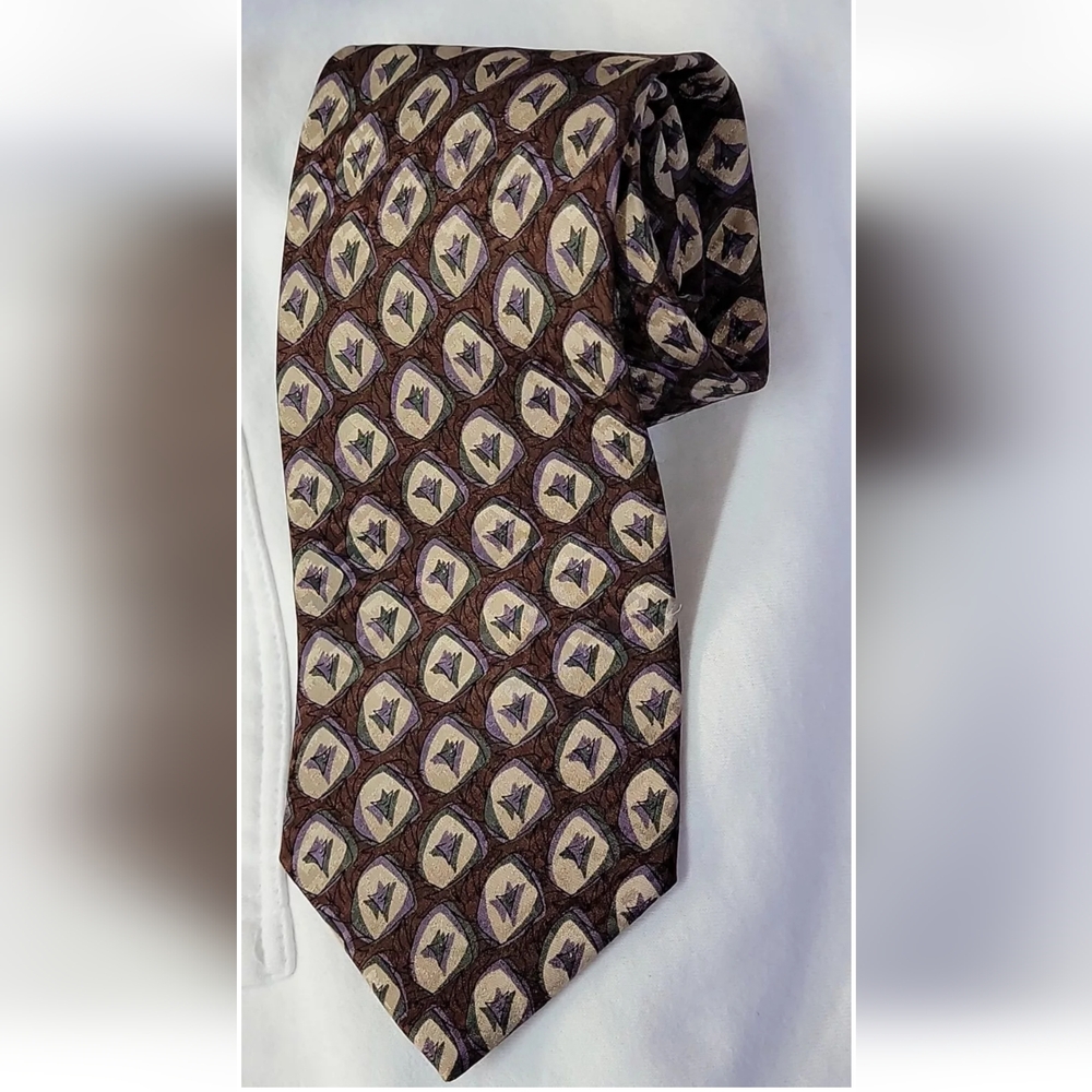 Courreges Homme Paris Tie 100% Silk GEO Brown green beige lilac 59"